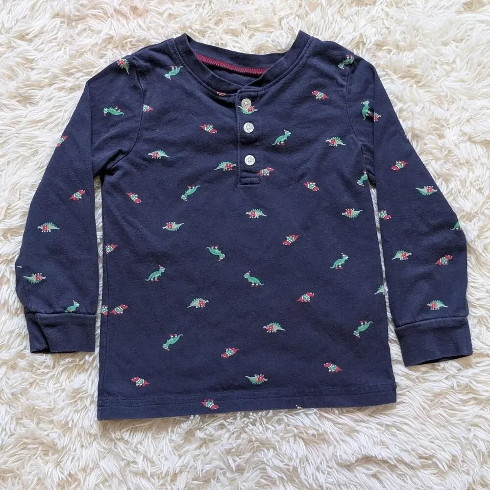 Carter's Boys Size 3T Navy Blue Christmas Dinosaur Stego T-Rex Henley Shirt